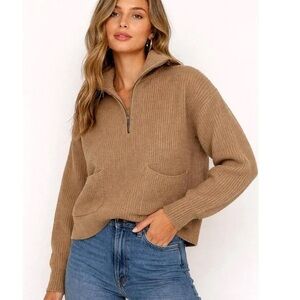 Madewell Camel Half-Zip Ribbed Sweater